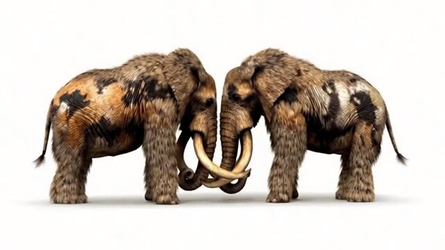 Two wooly elephants fighting one another