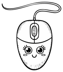 Cute cartoon computer mouse character with big eyes and smile, hand-drawn sketch style