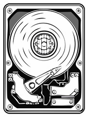 Internal computer hard drive with a smiling face on the spinning platter illustration