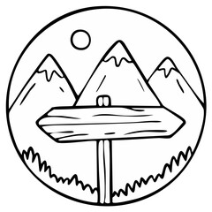 Hand-Drawn Mountain Landscape with Wooden Signpost and Sun Illustration in Circle Frame