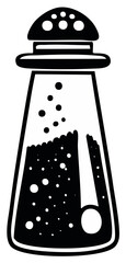 Black and white illustration of a salt shaker with salt inside, kitchenware element.