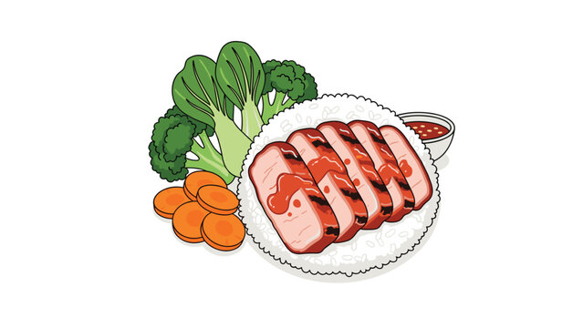 Delicious plate of char siu roasted pork slices served over fluffy white rice, accompanied by fresh bok choy, sliced carrots, and a side of dipping sauce, an appetizing Asian meal.