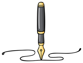 Illustration of vintage fountain pen drawing a black line on white background. Stationery item for calligraphy, design