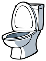 Cartoon illustration of a modern white toilet with the lid and seat up