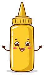 Cartoon mustard bottle character with arms, face, and smile, a cheerful condiment.