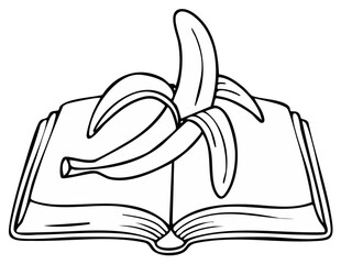 Banana peeking from an open book, concept of knowledge and fruit