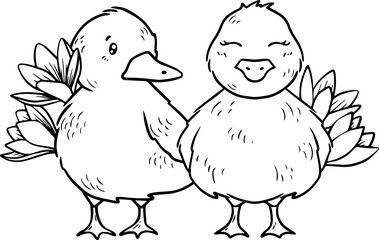 Cute ducks with flowers