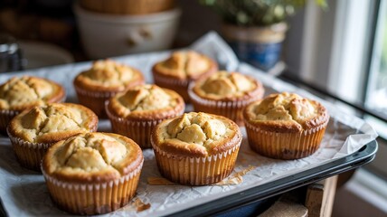 A tray holds muffins still warm from the oven