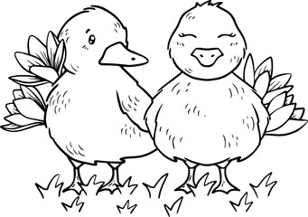 Cute ducks with flowers