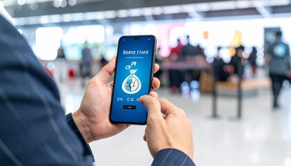 Person holding smartphone with Bitcoin Wallet interface showing padlock security and send/receive icons