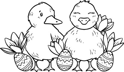 Cute ducks with easter eggs and flowers