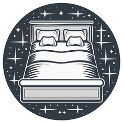 Dreamy bed illustration with starry night sky and sparkling lights icon