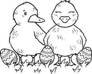 Cute ducks with easter eggs