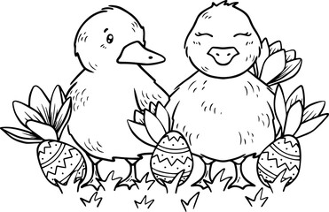 Cute ducks with easter eggs and flowers