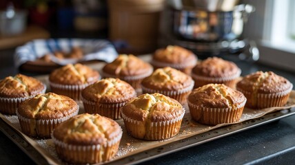 A tray holds muffins still warm from the oven