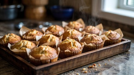 A tray holds muffins still warm from the oven