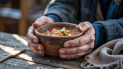 Hot soup warms hands through a bowl on a cold day