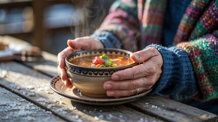 Hot soup warms hands through a bowl on a cold day