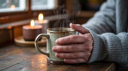 A hand warms around a mug of hot tea after a walk