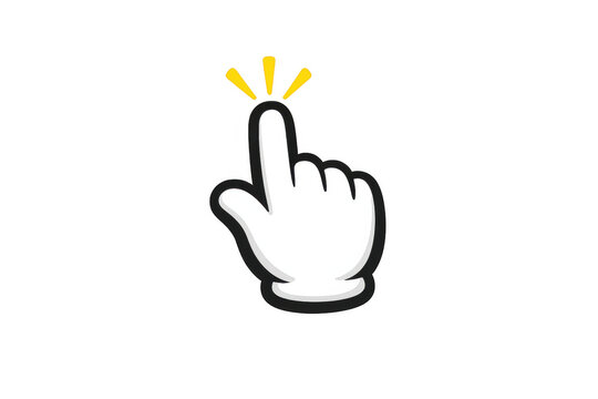 Cartoon hand cursor clicking or selecting with pointing finger, interacting with digital elements, transparent background