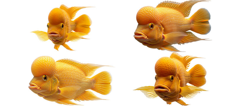 Collection of four orange Flowerhorn cichlid fish shown from different angles isolated on a white background.