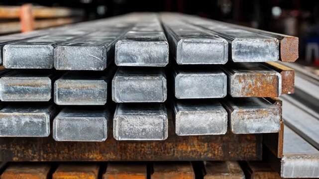 Medium shot of galvanized metal beams stacked neatly highlighting the effectiveness of zinc coating in rust protection for construction materials.