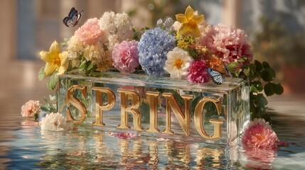Golden Spring Letters with Flowers and Butterflies