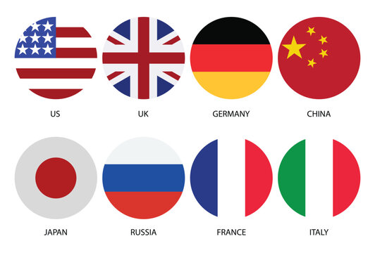 set of united states uk germany china japan russia france and italy national flags in circular icons isolated on white background vector illustration
