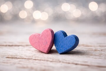 Obraz premium Saint Valentine pink and blue wooden hearts on white rustic wood with soft bokeh background