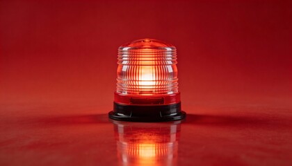 Glowing Red Emergency Rotating Light Beacon on Reflective Surface. Danger Warning Alarm and Security Siren Concept. Flashing Signal for Police, Ambulance or Fire Truck on Red Background.