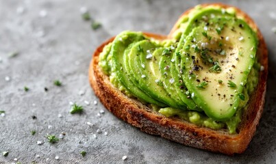 Heart shape toast with fresh avocado slices, seasoned with black pepper, sea salt, and thyme, symbolizing love and healthy eating