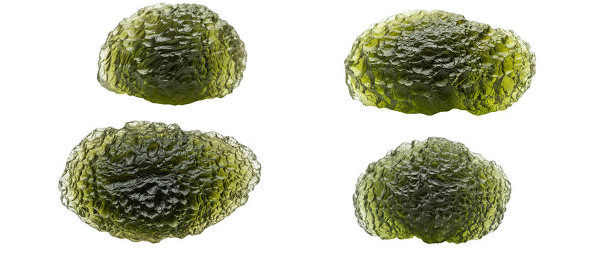 Collection of four raw green Moldavite tektite specimens isolated on a white background.