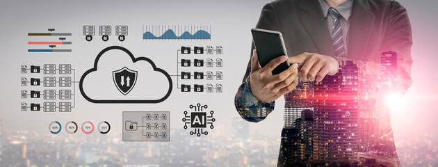 A business professional engages with digital cloud technology on a mobile device, showcasing data and analytics over a vibrant city skyline. Gantry