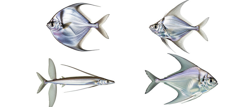 Collection of four realistic silver marine fish illustrations on a white background.