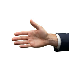 An outstretched human hand in a business suit presented against white background