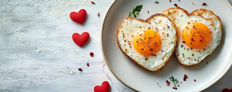 Two perfectly cooked heart shaped fried eggs on a ceramic plate, celebrating love, romance, and special morning meals