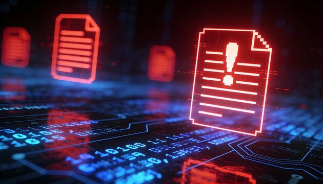 Glowing Red Digital File Icons with Exclamation Mark. 3D Illustration of Cyber Security Warning, Malware Virus and Corrupted Data Documents on Blue Binary Code Background.