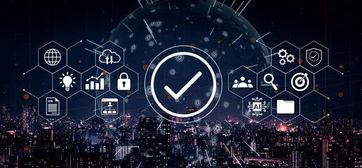 A stunning night cityscape with digital icons showcasing technology, security, and innovation against an abstract background, creating a vision of modern connectivity. Gantry