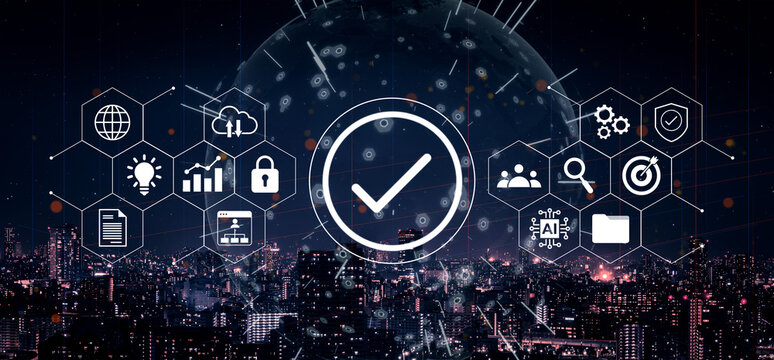 A stunning night cityscape with digital icons showcasing technology, security, and innovation against an abstract background, creating a vision of modern connectivity. Gantry - Powered by Adobe