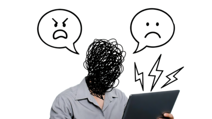 Frustrated person with scribbled face and angry speech bubbles looking at laptop isolated on transparent background