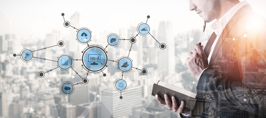 A thoughtful business professional studies market trends and connections in a digital network, juxtaposed against a modern urban skyline, reflecting innovation and strategy. Tessel