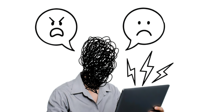 Frustrated person with scribbled face and angry speech bubbles looking at laptop isolated on transparent background - Powered by Adobe