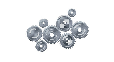 Interlocking metallic gears featuring puzzle pieces and refresh arrows, dynamically turning together, symbolizing teamwork, problem-solving, continuous process, and collaborative efficiency.