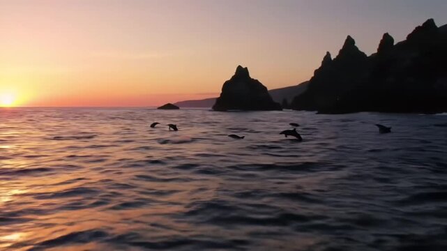 Pod of dolphins leaping from ocean waves at sunset with distant rocky island.