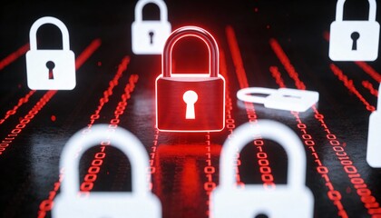 Glowing Red Digital Padlocks on Dark Binary Code Background. Cyber Security Ransomware Attack and Malware Virus Concept. Hacker Threat and System Lock Technology 3D Illustration.