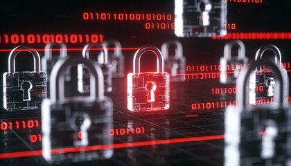 Glowing Red Digital Padlocks on Dark Binary Code Background. Cyber Security Ransomware Attack and Malware Virus Concept. Hacker Threat and System Lock Technology 3D Illustration.