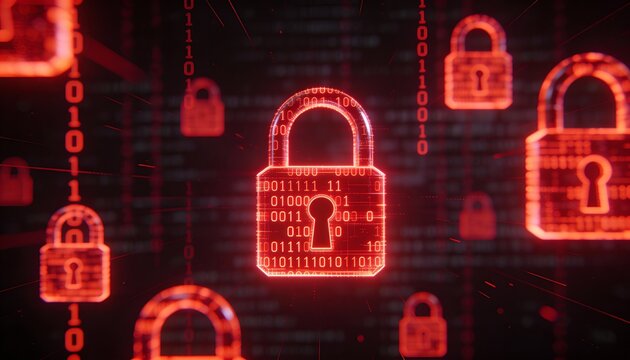 Glowing Red Digital Padlocks on Dark Binary Code Background. Cyber Security Ransomware Attack and Malware Virus Concept. Hacker Threat and System Lock Technology 3D Illustration. - Powered by Adobe