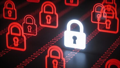 Glowing Red Digital Padlocks on Dark Binary Code Background. Cyber Security Ransomware Attack and Malware Virus Concept. Hacker Threat and System Lock Technology 3D Illustration.