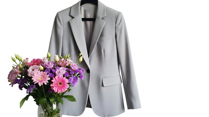 Gray blazer and flower bouquet isolated on transparent background