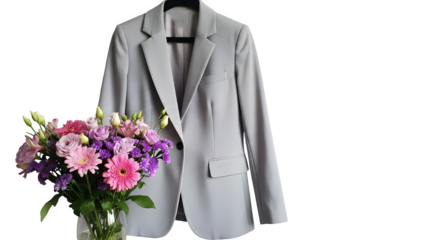 Gray blazer and flower bouquet isolated on transparent background